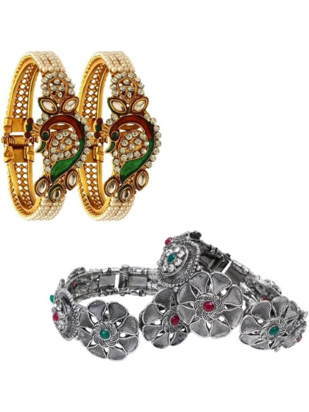 Antique Boho Oxidized Bracelet Set for Women - Crystal Floral Cuff Bangles